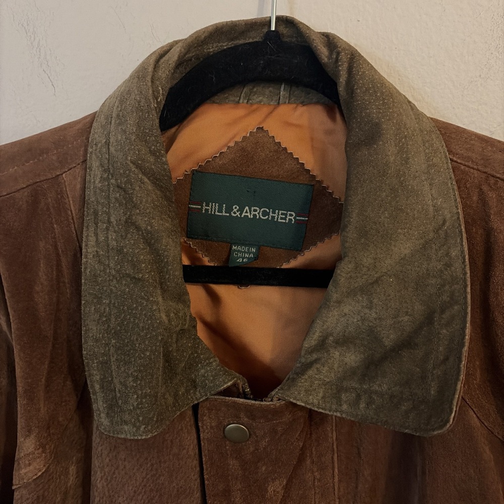 HILL & ARCHER BROWN SUEDE GENUINE LEATHER 2 TONE MENS JACKET SIZE 46 - Picture 2 of 12